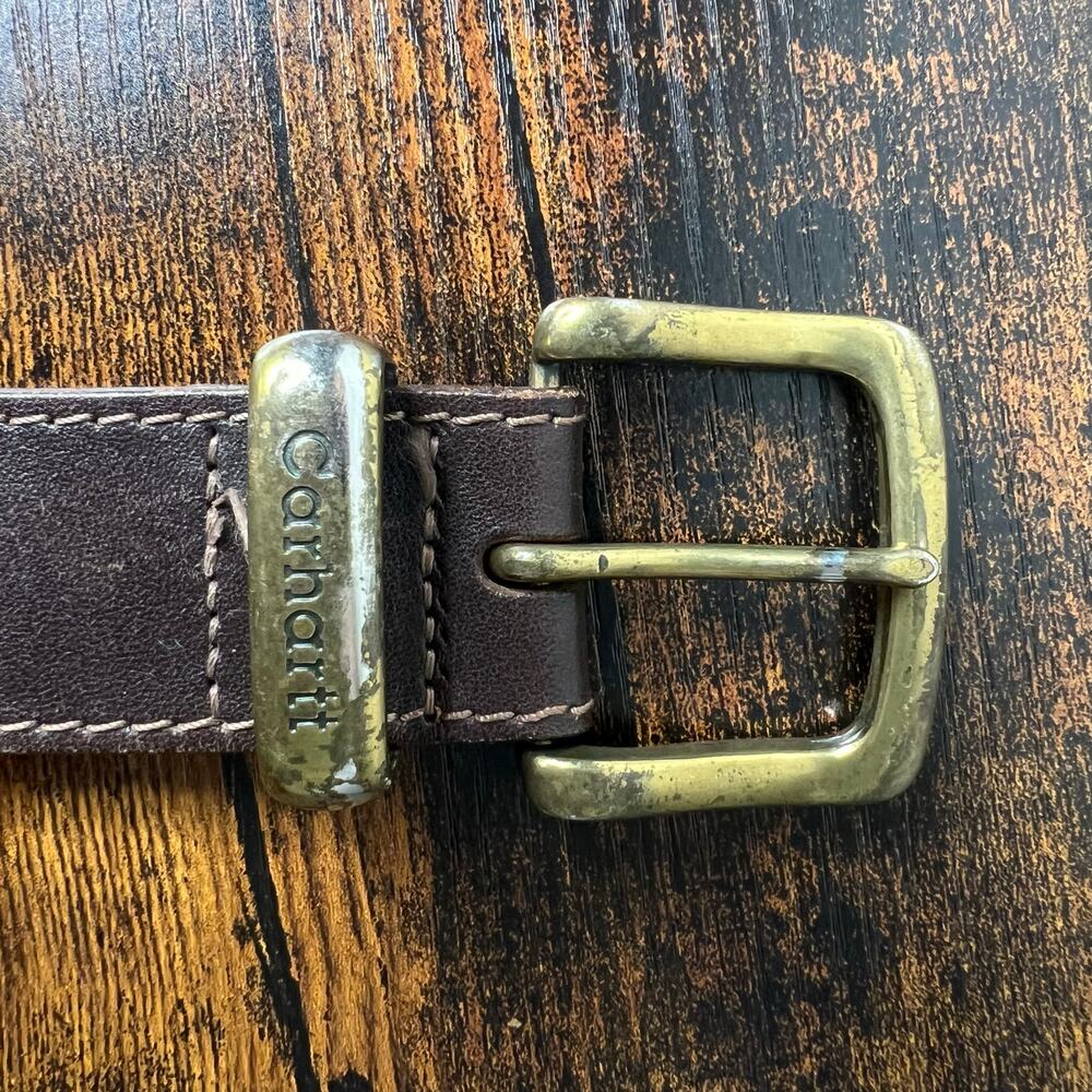 Carhartt Men's Brown Leather Belt Gold Buckle Hardward Utility Workwear Outdoors - Picture 2 of 4